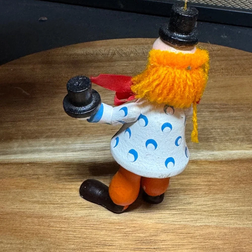 Vintage Hand Painted Wooden Clown Ornament Orange Hair Top Hat Circus Figurine